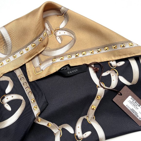 New Gucci Logo Chains Color-Block Black Beige Silk Scarf with Gucci Gift Box - Picture 9 of 12